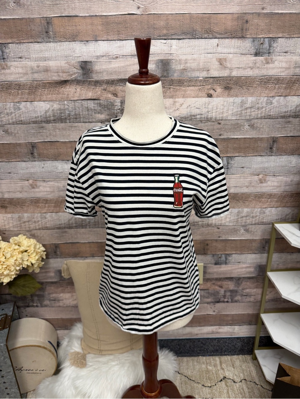 H&M Black & White Striped Tee with Red Bottle Patch